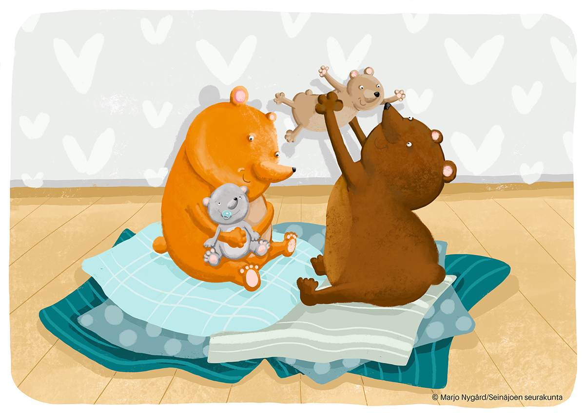 Piirretty kuva, jossa kaksi aikuista karhua leikkii kahden pienen vauvakarhun kanssa lattialla istuen.