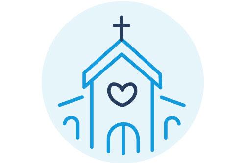 Koristeellinen. Piirretty kirkko jossa ikkunana sydän. Linkki: seinajoenseurakunta.fi/uskonelama/jumalanpalvelukset-ja-messut