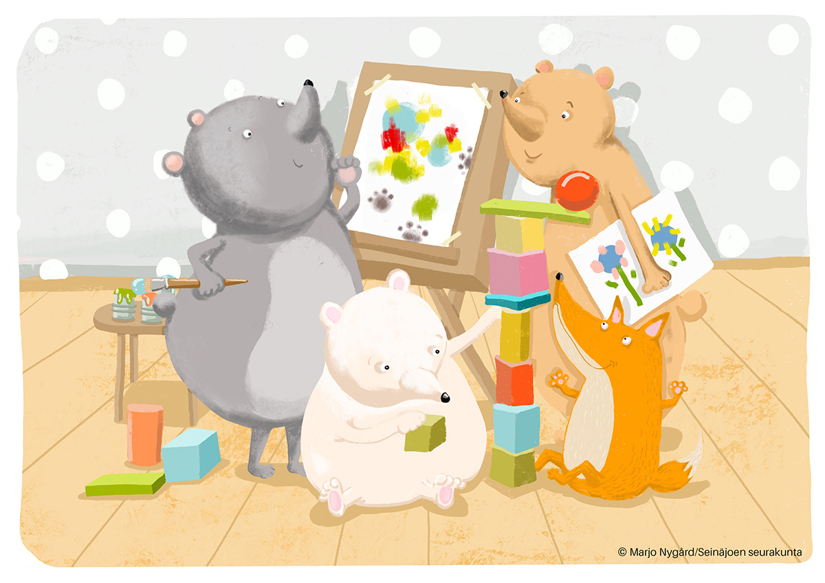 Piirretty kuva jossa kolme karhua ja kettu maalaavat sekä leikkivät puupalikoilla.