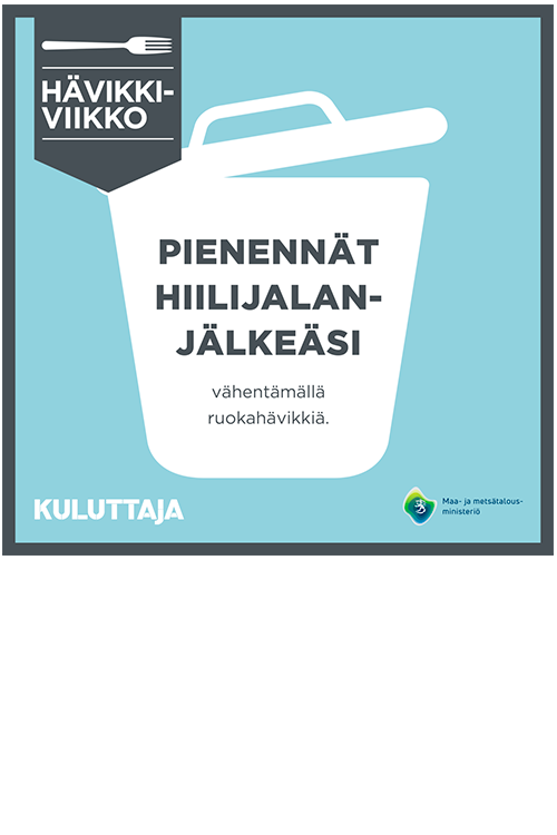 Kuvassa Kuluttajan Hävikkiviikon kampanjamateriaalit, jossa herätellään ihmisiä miettimään hävikkiä.