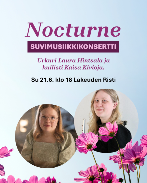 Tapahtuman kuva, kuvassa kukkia, tekstiä ja kaksi henkilöä.