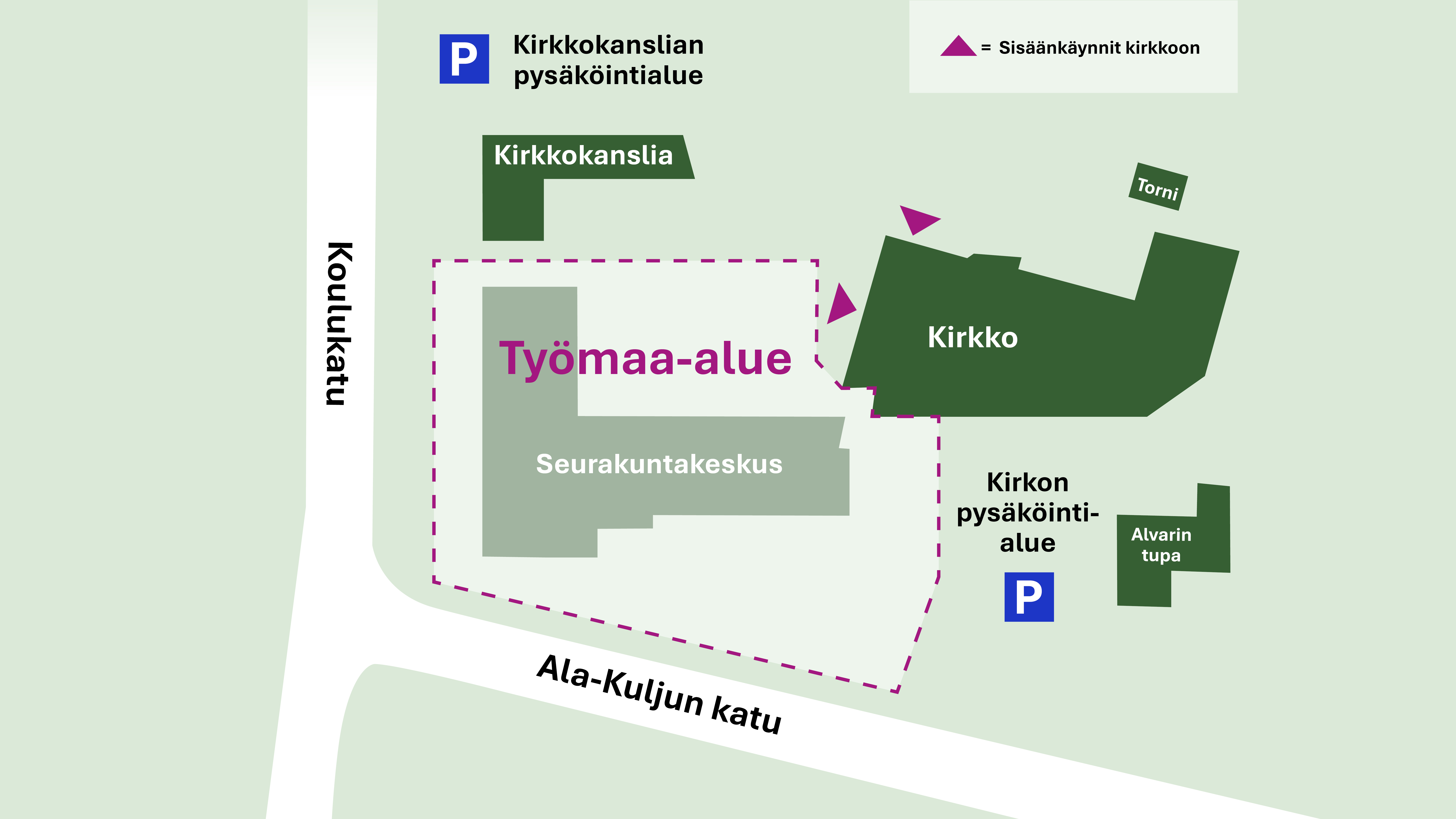 Kartta jossa näkyy Lakeuden Ristin sisäänkäynnit 22.4.2025 alkaen.