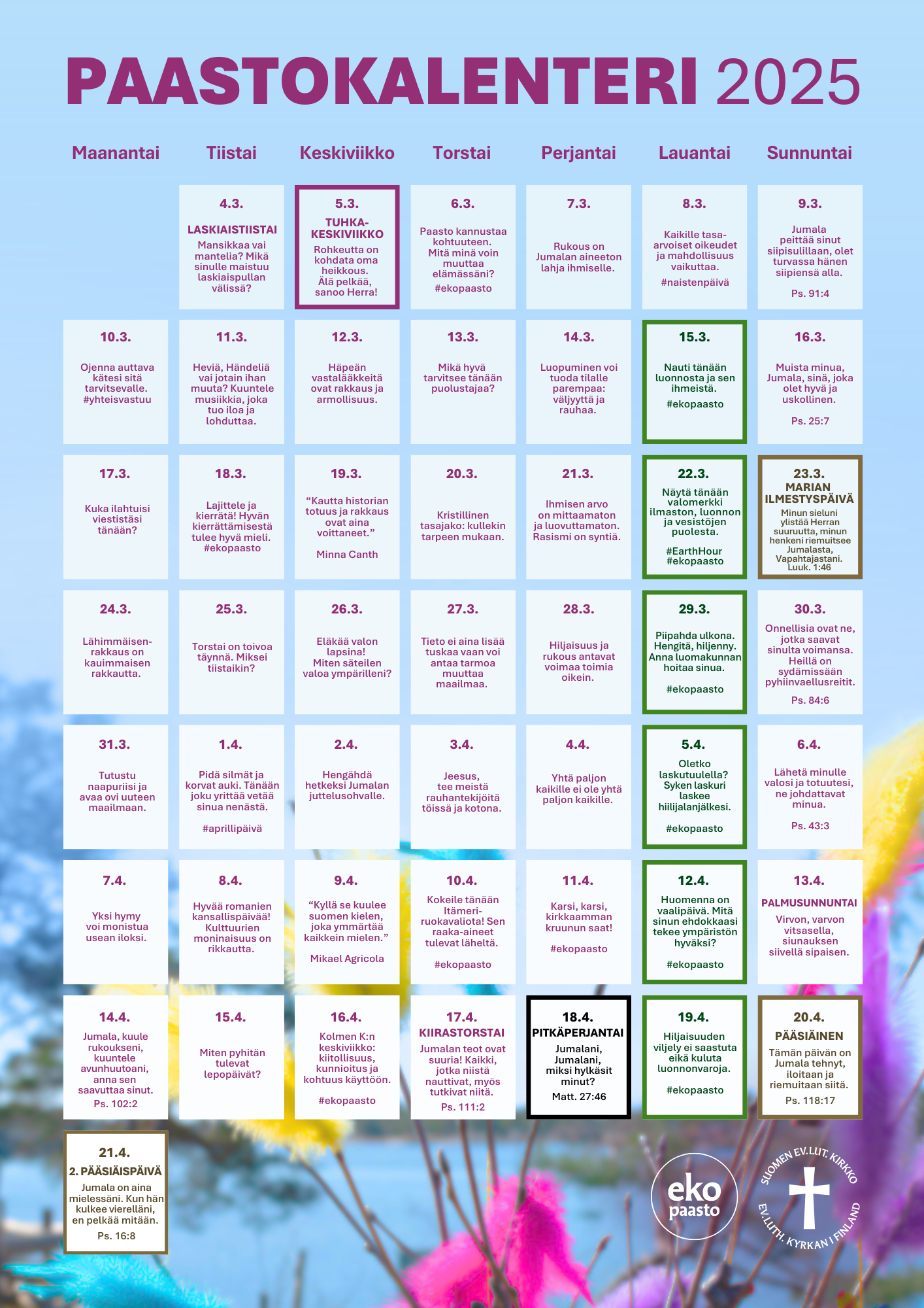 Paastokalenteri 2025 ajalle 4.3.-21.4.2025.